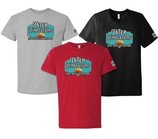 Tater Temptations logo shirts in gray, red, and black